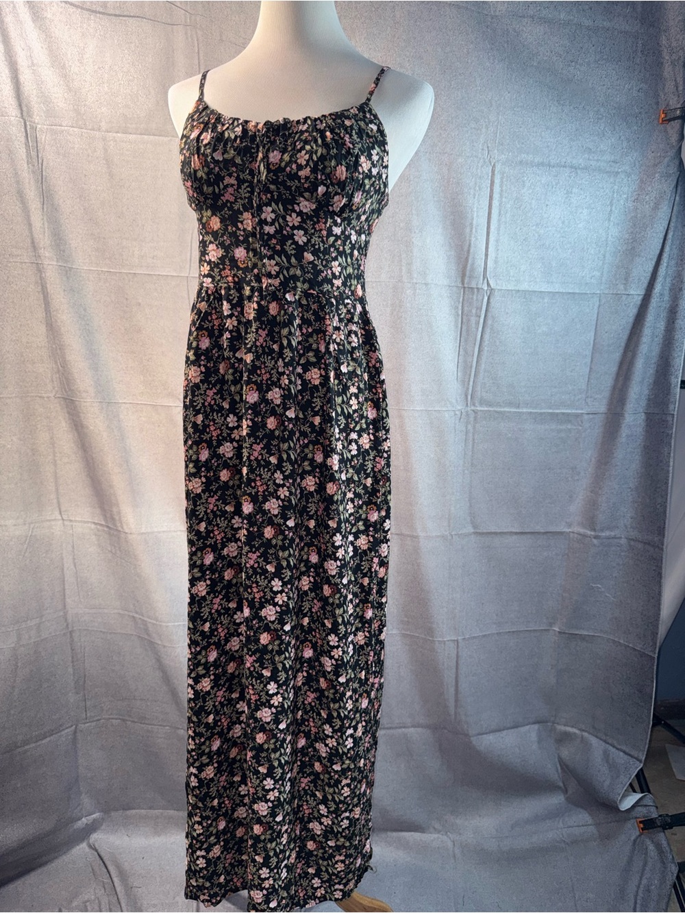 1462-AUW Black Maxi Dress with Pink Floral Print